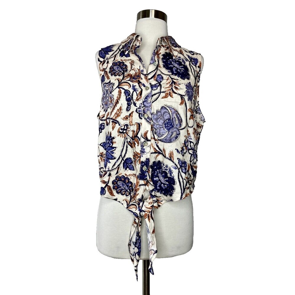 Nicole Miller Top Women Large Sleeveless Button Front Tie Collared Floral Design